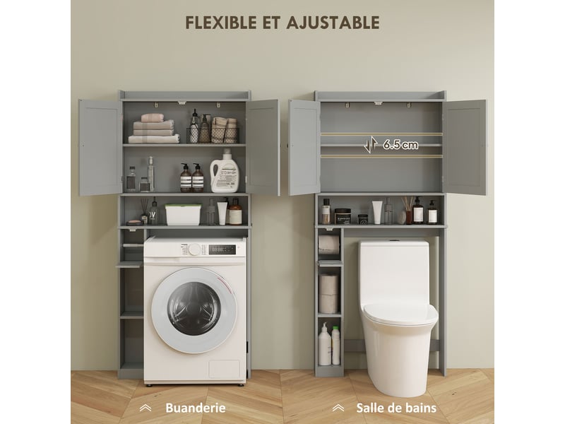 Meuble wc dessus de toilette ou machine à laver, 2 portes, 3 compartiments, porte-papier toilette, gris, 80x19,5x170cm - Conforama E