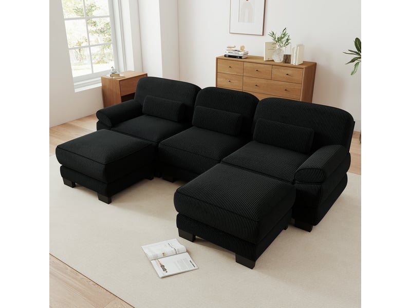 Canapé modulable en u modenvie 3 places avec 2 poufs, assise profonde, velours côtelé noir, 265 x 161 x 94 cm - Conforama B