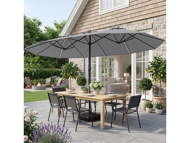  Parasol double à 12 baleines (gris, 4,36 x 2,58 m, led, pied non inclus) | parasol rectangulaire avec manivelle, 144 led solaires, 12 modes  - Conforama D