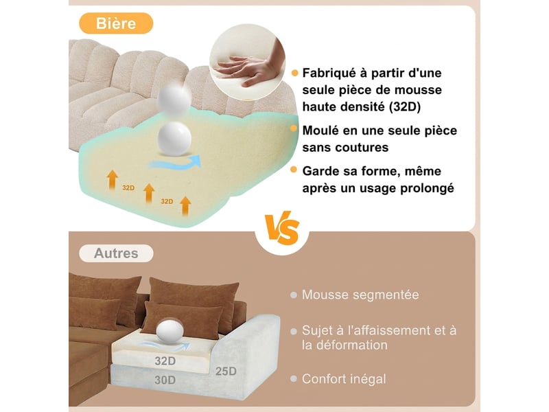  Canapé d'angle modulable 3 places avec pouf intégré - tissu bouclette beige blanc - assise profonde  - Conforama R