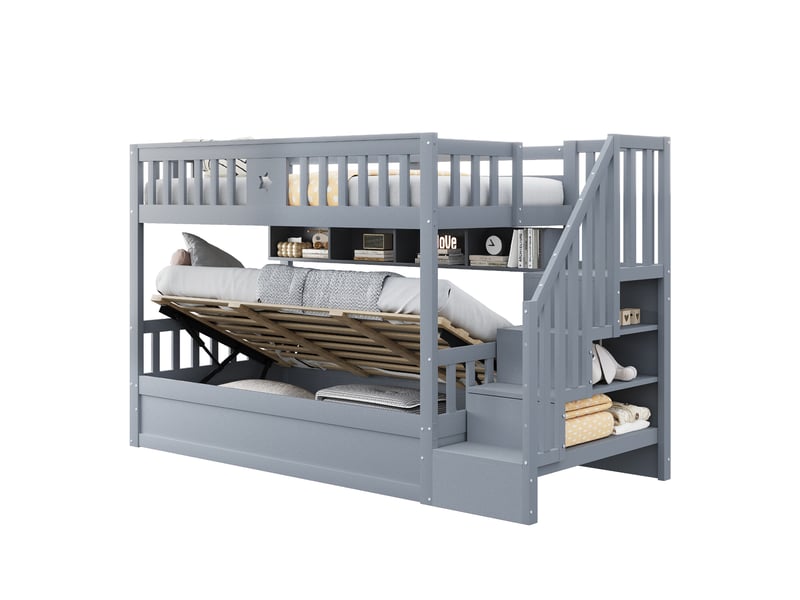  Lit superposé en bois gris avec coffre hydraulique, étagères et escalier de rangement  - Conforama A
