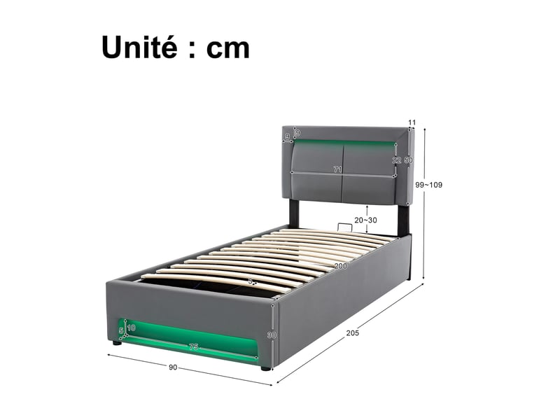  Lit simple rembourré 90x200 cm en pu avec rangement, usb, recharge sans fil et led, sans matelas, gris  - Conforama D