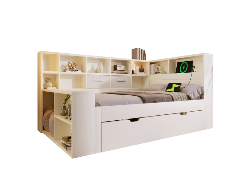 Lit 90x190 cm blanc avec lit gigogne, rangements et prises usb - Conforama A