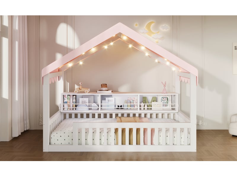  Lit cabane au sol 90 × 200 cm, toit textile rose, bibliothèque, guirlande led, barrières, structure en pin et mdf, blanc  - Conforama B