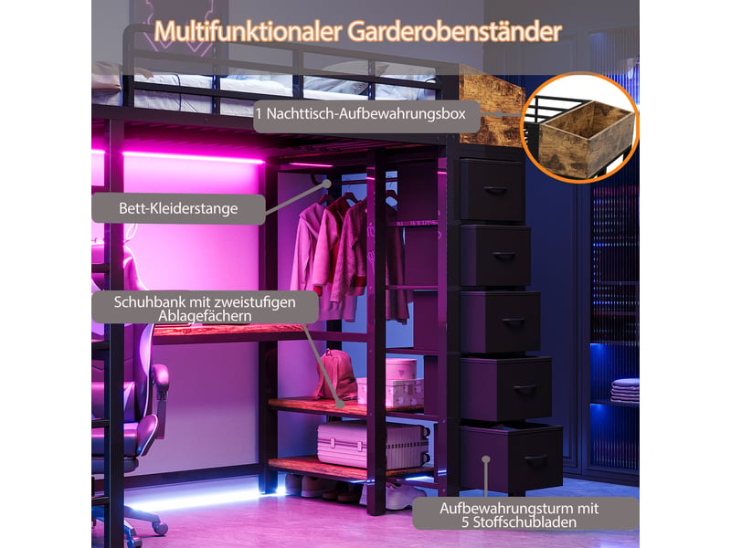  Lit mezzanine gaming 140 x 200 cm avec grand bureau, led multicolore, prises usbusb-c, 5 tiroirs en tissu et penderie en métal noir sans matelas  - Conforama D