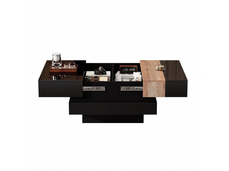 Table basse carrée noire 70 x 70 x 39 cm, plateau coulissant, rangement caché, bois et noir - Conforama A