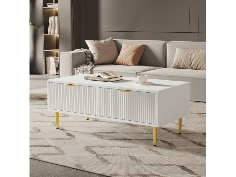  Table basse 100x50x40 cm avec 2 tiroirs en mdf blanc et accents dorés  - Conforama C