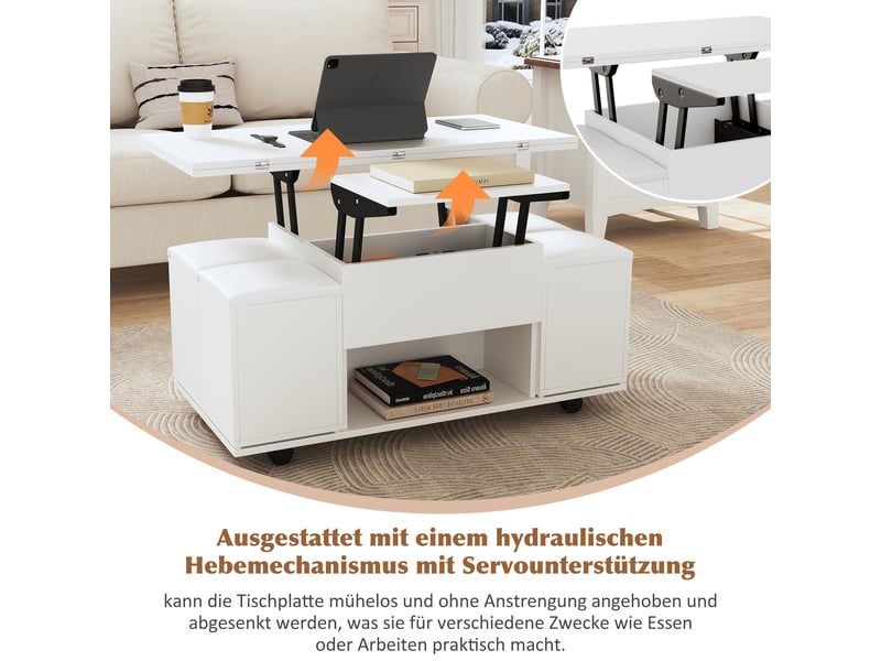  Table basse relevable blanche 3-en-1, plateau pliant, rangement, roulettes et 4 tabourets, 100 × 50 × 48cm  - Conforama E