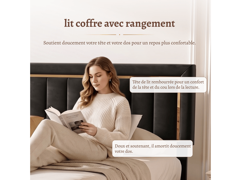  Lit coffre 160x200 cm, lit double rembourré avec rangement, lit coffre hydraulique - sommier à lattes - sans matelas - capacité de charge 300 kg - velours nior  - Conforama D