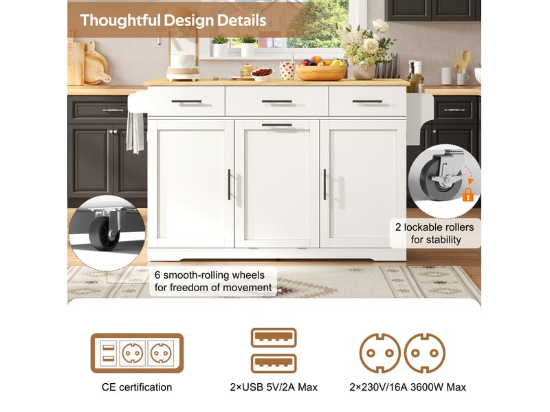 Desserte de cuisine avec 3 tiroirs, 2 portes, poubelle intégrée et prises usb, pour cuisine, mdf blanc et bois naturel - Conforama E