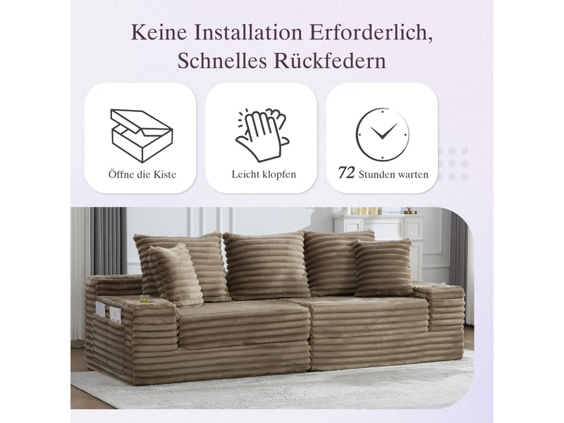 Canapé modulable convertible cordou kaki avec rangement latéral et porte-gobelets pour salon moderne  - Conforama E