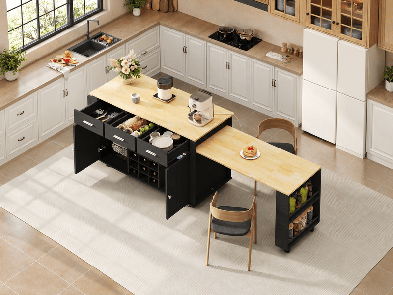  Îlot de cuisine 136 cm, table coulissante, 3 tiroirs, 2 portes, étagères réglables, prises usb, roulettes, noir  - Conforama B
