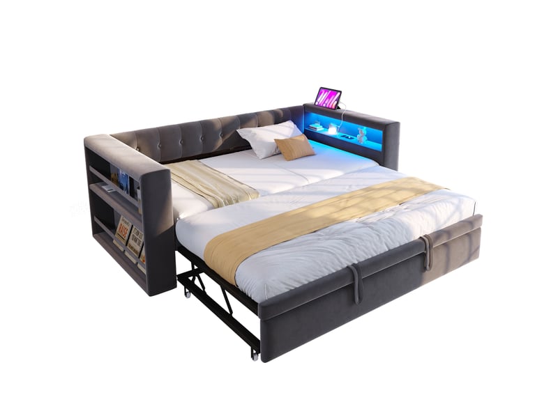  Modenvie canapé convertible 90180x190 cm - led multicolore, prise intégrée, rangement - pour salon - gris  - Conforama A