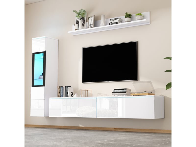  Ensemble meuble tv mural 3 pièces blanc brillant avec vitrine de salon et éclairage led  - Conforama R