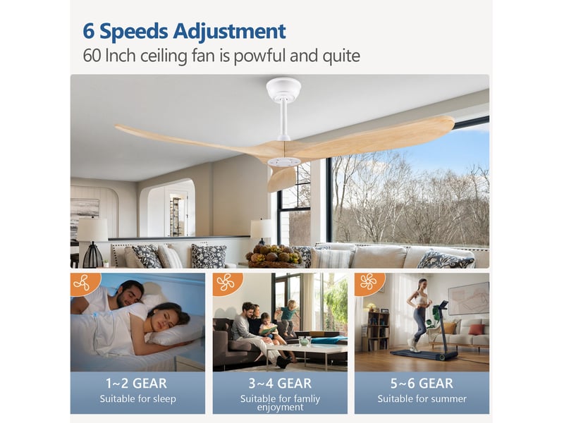  Grand ventilateur de plafond en bois sans lumière, 60 pouces, finition bois naturel, étanche, design mid-century moderne  - Conforama E