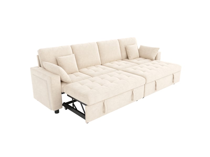 Canapé d'angle convertible tcqpz 4 places 262,5 x 140 x 89 cm 2 couchages indépendants led usb type-c chenille beige - Conforama A