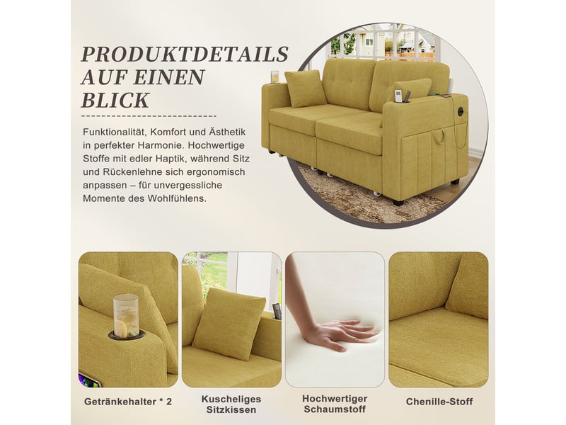 Canapé droit 2 places avec tiroirs, ports usb et porte-gobelets - poches latérales, chenille jaune moutarde - Conforama E