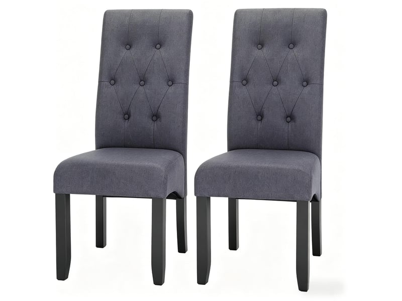  Lot de 2 chaises de salle à manger à dossier haut rembourré, pieds antidérapants en lin et bois gris foncé  - Conforama A
