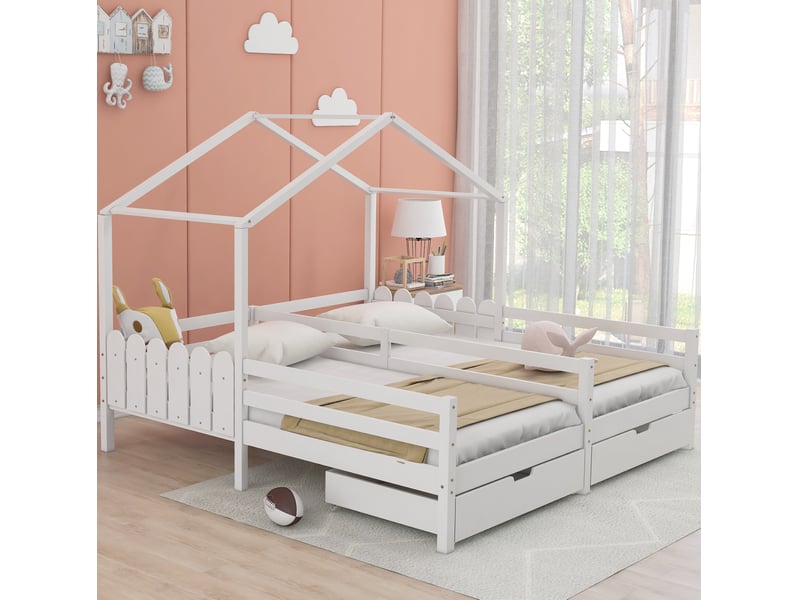Lit enfant maison double blanc avec 2 tiroirs 208 x 188,5 x 158 cm - Conforama B