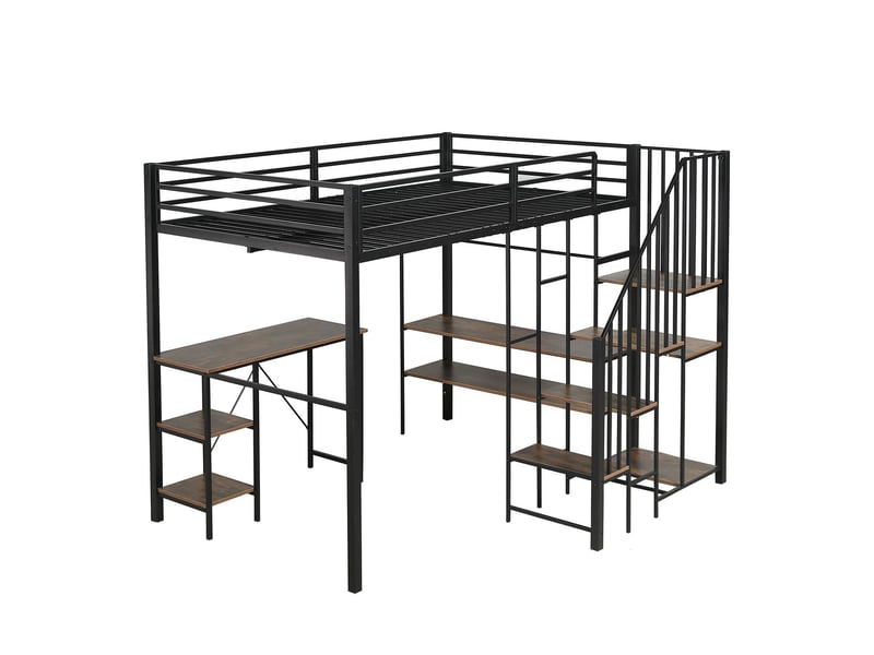  Lit superposé enfant 120x200, escalier rangement sécurisé lit enfant, bureau, étagères, penderie, structure métal, bois vintage  - Conforama A