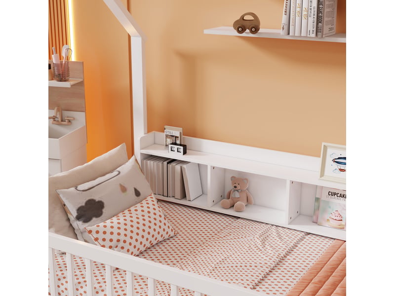 Lit cabane enfant 90x200 cm blanc avec barrières et 4 niches de rangement - Conforama E