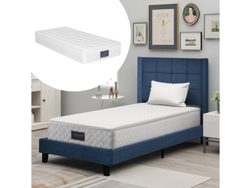  Lit capitonné, lit enfant 90x200 cm, sommier à lattes, matelas inclus, lin bleu  - Conforama E