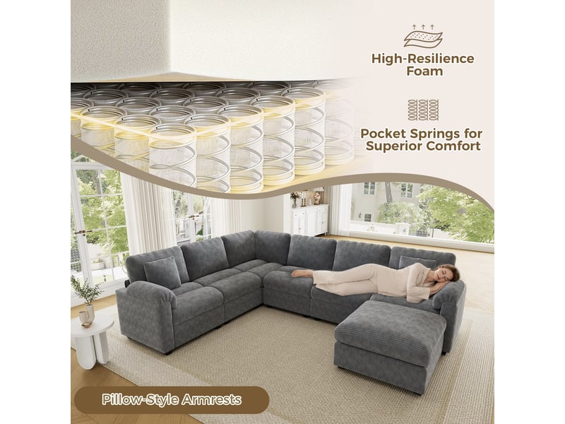  Canapé panoramique modulable 7 places 274,5x210,5x85,5 cm, forme ul, pouf séparé, velours côtelé, coussins pour salon - gris  - Conforama D