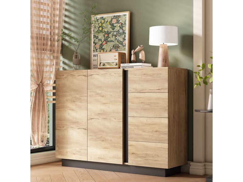 Buffet - 120x35,5x90,5 cm - commode avec 4 tiroirs et 2 portes - aspect bois naturel et noir - Conforama C