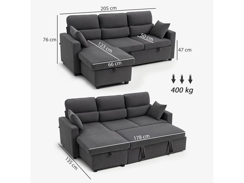  Canapé d'angle convertible en velours côtelé, canapé-lit 3 places avec rangement caché, coussins, gris, 205x135x76cm  - Conforama C