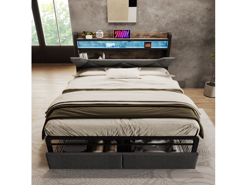  Lit rembourré tcqpz 160 x 200 cm avec tête de lit de rangement led usb type-c 2 tiroirs sommier à lattes métal lin gris  - Conforama D