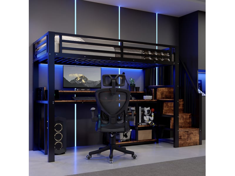  Lit mezzanine 90x200 cm avec rangements et led en mdf et métal noir  - Conforama C