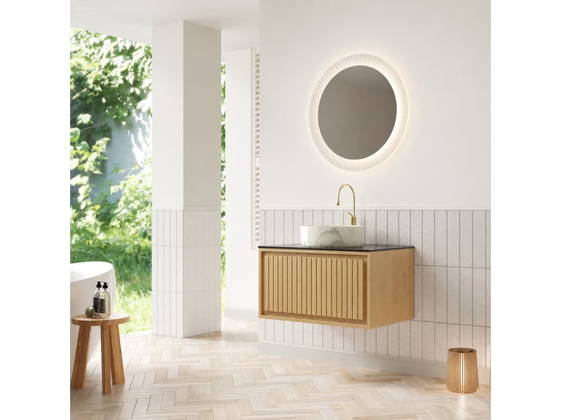  Meuble vasque suspendu 76 cm avec vasque ronde blanche en céramique et plateau noir  - Conforama E