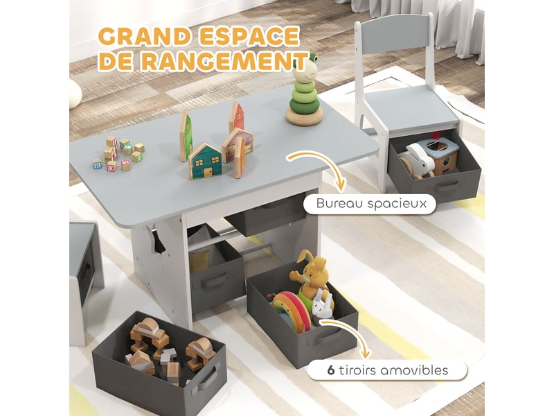 Ensemble table et 2 chaises enfant avec 6 tiroirs amovibles, pour fille garçon 3-8 ans, gris - Conforama E