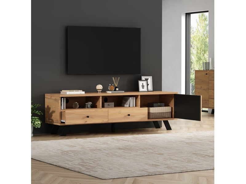Meuble tv avec 2 tiroirs, 1 placard et 2 niches semi-ouvertes pour salon, bois naturel et noir, 150 × 38 × 44 cm - Conforama D