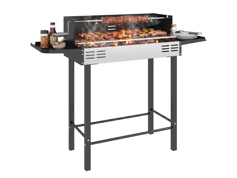  Barbecue au charbon avec tournebroche, grille réglable, 118 x 32 x 90 cm  - Conforama A