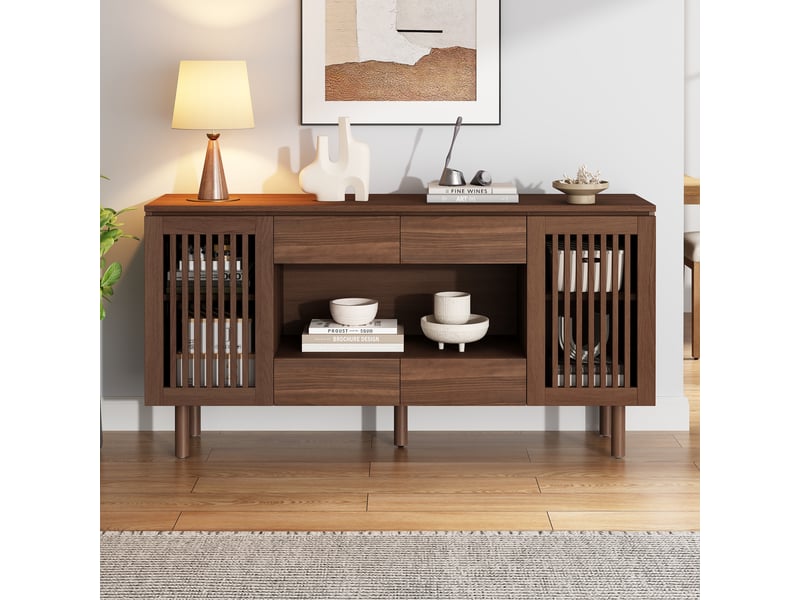  Buffet de rangement 4 tiroirs et 2 portes à lames - lpospi - 5 pieds en bois massif mdf noyer 140 × 35 × 71 cm  - Conforama C