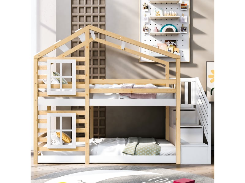 Lit superposé enfant 90 × 200 cm 2 places avec rangements, barrières de sécurité, sans matelas, naturel et blanc - Conforama C