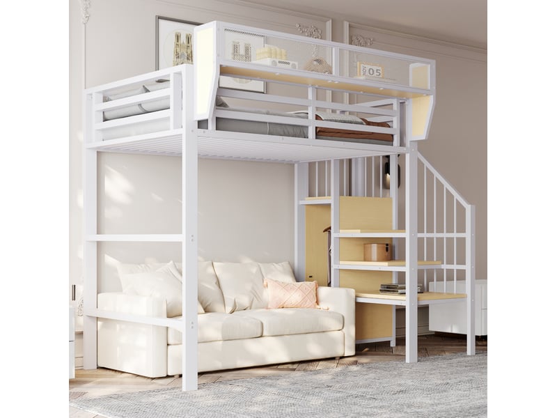 Lit mezzanine 90x200 cm 255x95x191 cm blanc, métal et mdf, étagère modulable, échelle sécurisée - Conforama B