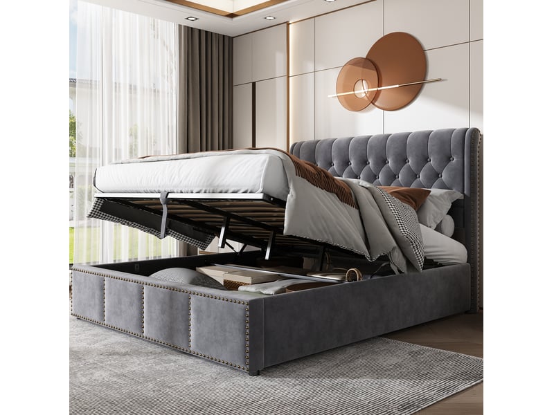  Lit coffre 140x190 cm avec levier hydraulique, rangement, velours gris, sommier inclus, sans matelas  - Conforama B