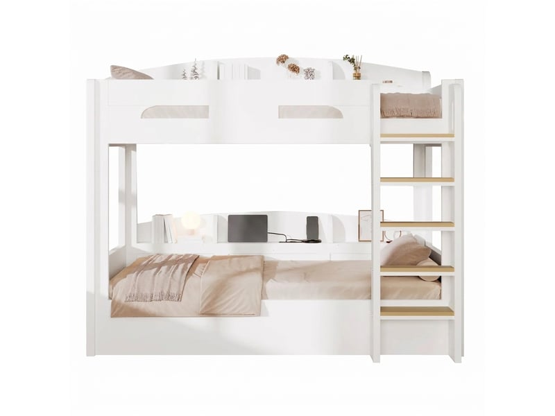  Lit superposé 90x200 avec rangements et prise usb, lit mezzanine blanc en bois massif, 150 kg  - Conforama A