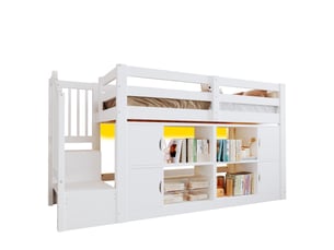 Lit mezzanine 90 × 200 cm avec bibliothèque, placards, escalier de rangement et éclairage led pour chambre, blanc