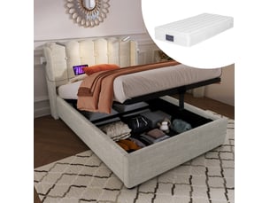Lit coffre tcqpz 90 x 200 cm avec liseuse et fonction de charge usb tête de lit rangement lin beige