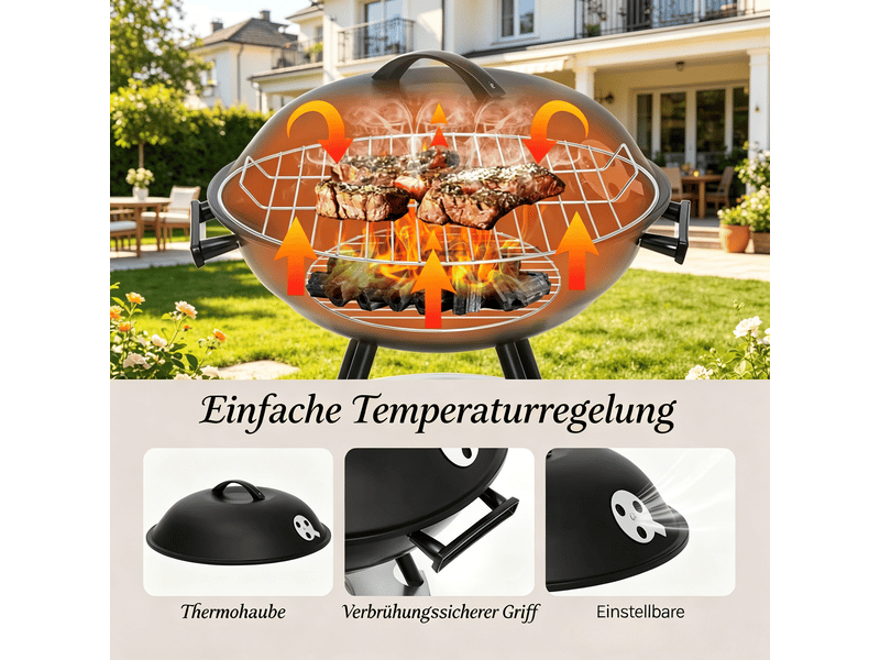  Barbecue au charbon rond,42x45,5x73 cm,avec couvercle,métal,noir  - Conforama D