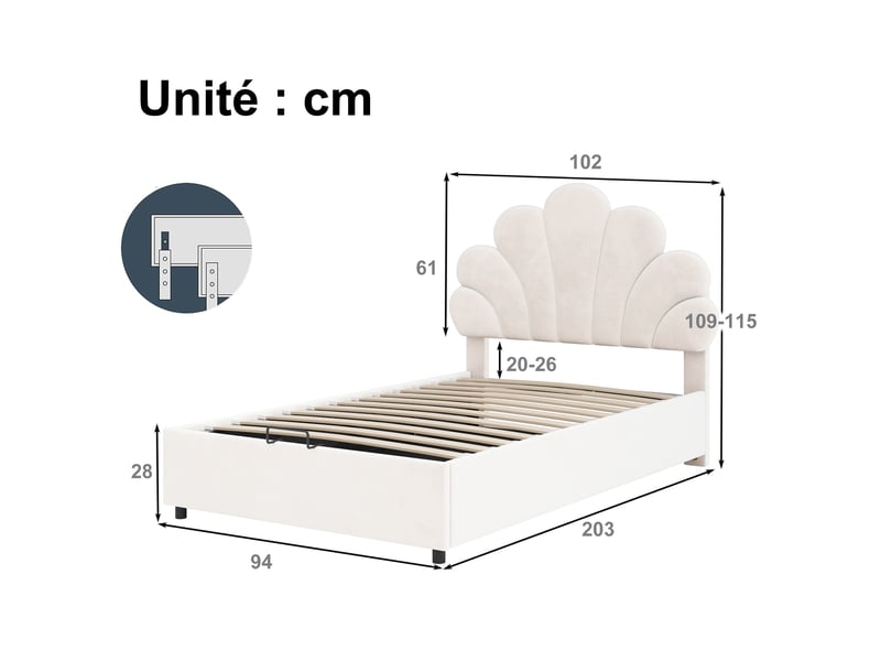  Lit coffre simple en velours beige avec tête de lit fleurie et rangement hydraulique, 90x200 cm, sans matelas  - Conforama D