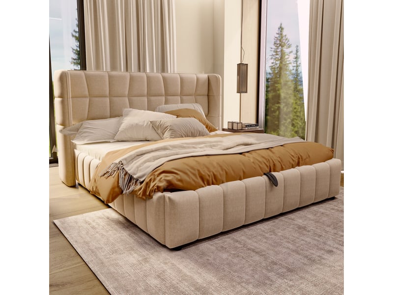  Lit coffre 180 x 200 cm avec rangement pneumatique, tête de lit capitonnée, sommier à lattes, lin beige  - Conforama D