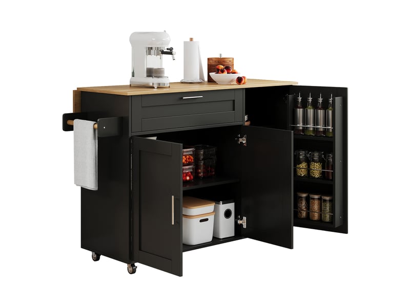 Îlot de cuisine sur roulettes avec plateau rabattable extensible, meuble de rangement design noir et naturel, l132.5xp70xh90cm - Conforama D