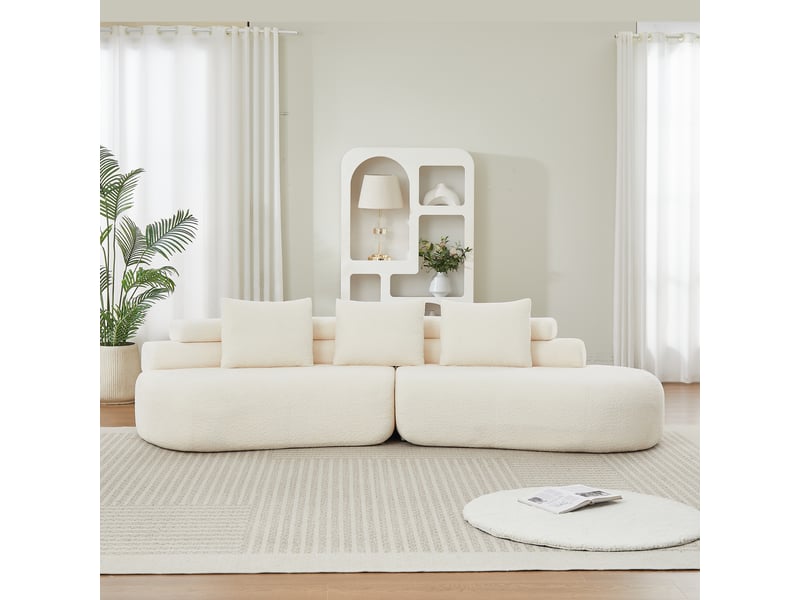  Canapé modulaire 3 places en chenille beige, canapé deux pièces arrondi sans accoudoirs, configuration droite ou croissant  - Conforama E