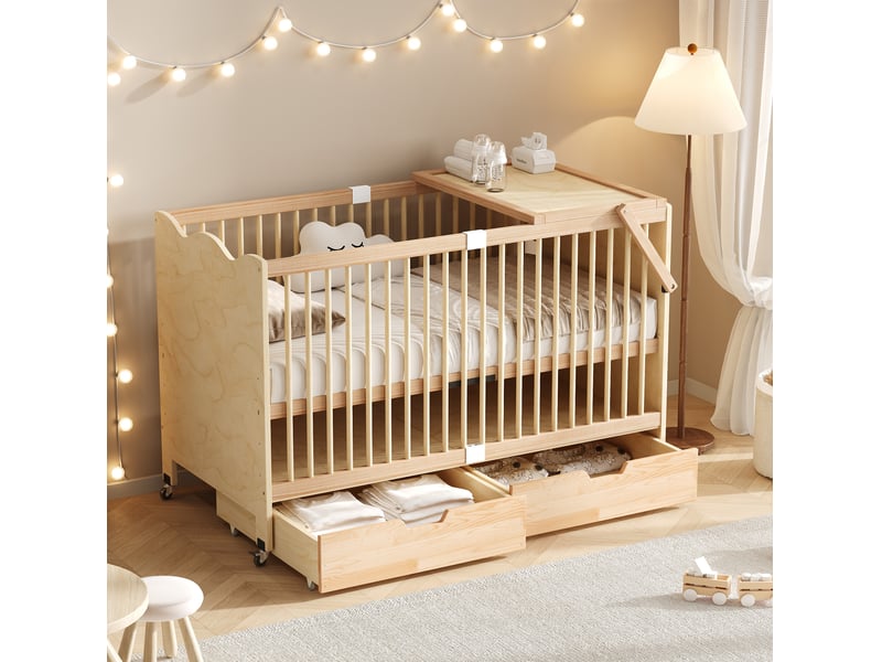 Lit bébé 70 × 140 cm avec roulettes, 4 hauteurs réglables, 2 tiroirs, table à langer, bois naturel - Conforama B
