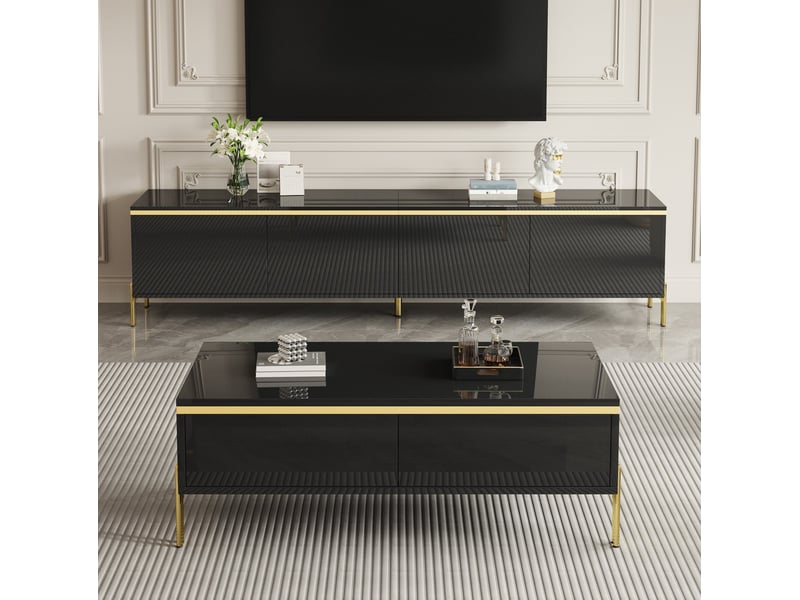  Ensemble meuble tv 170x38x50 cm, table basse 100x50x36 cm, brillant, panneaux de particules, noir et doré  - Conforama E