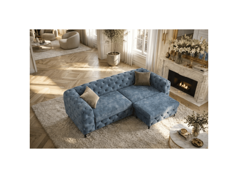 Canapé d'angle velena 4 places avec pouf – velours bleu capitonné – 235 x 74 x 157 cm - Conforama D